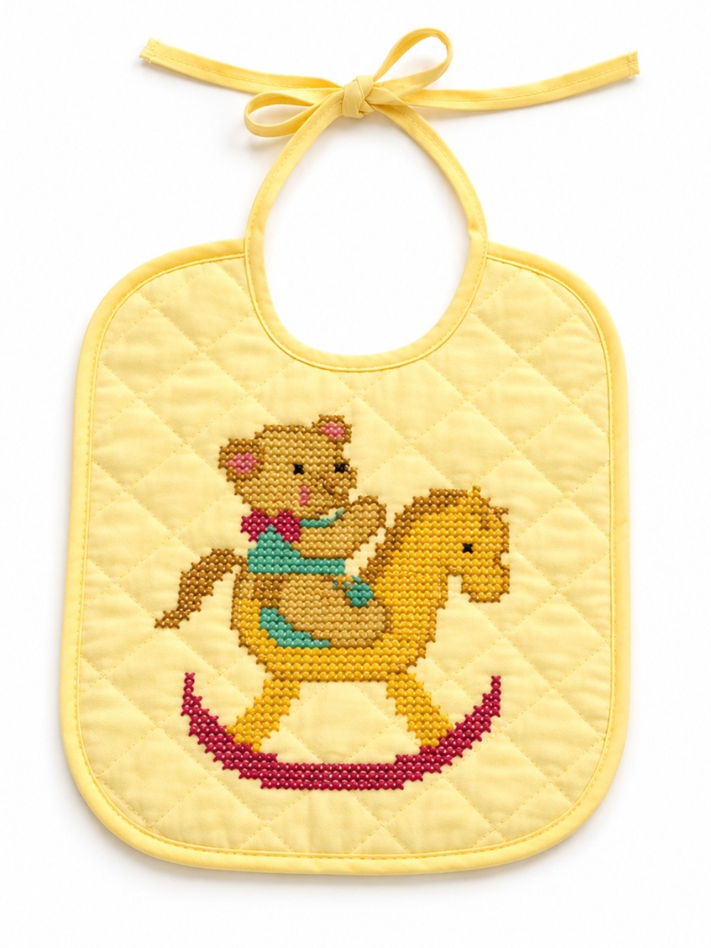 Vintage Cross Stitch Bib Bear Rocking Horse Handmade 70s Yellow Quilted